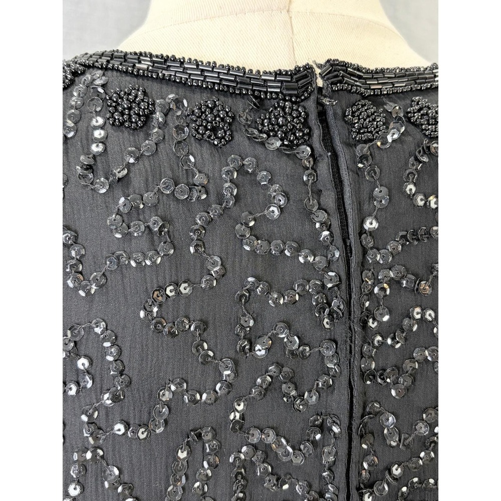 Brilliante by JA Vintage 80s Black Silk Beaded Sequin Cocktail Dress L - Picture 7 of 13